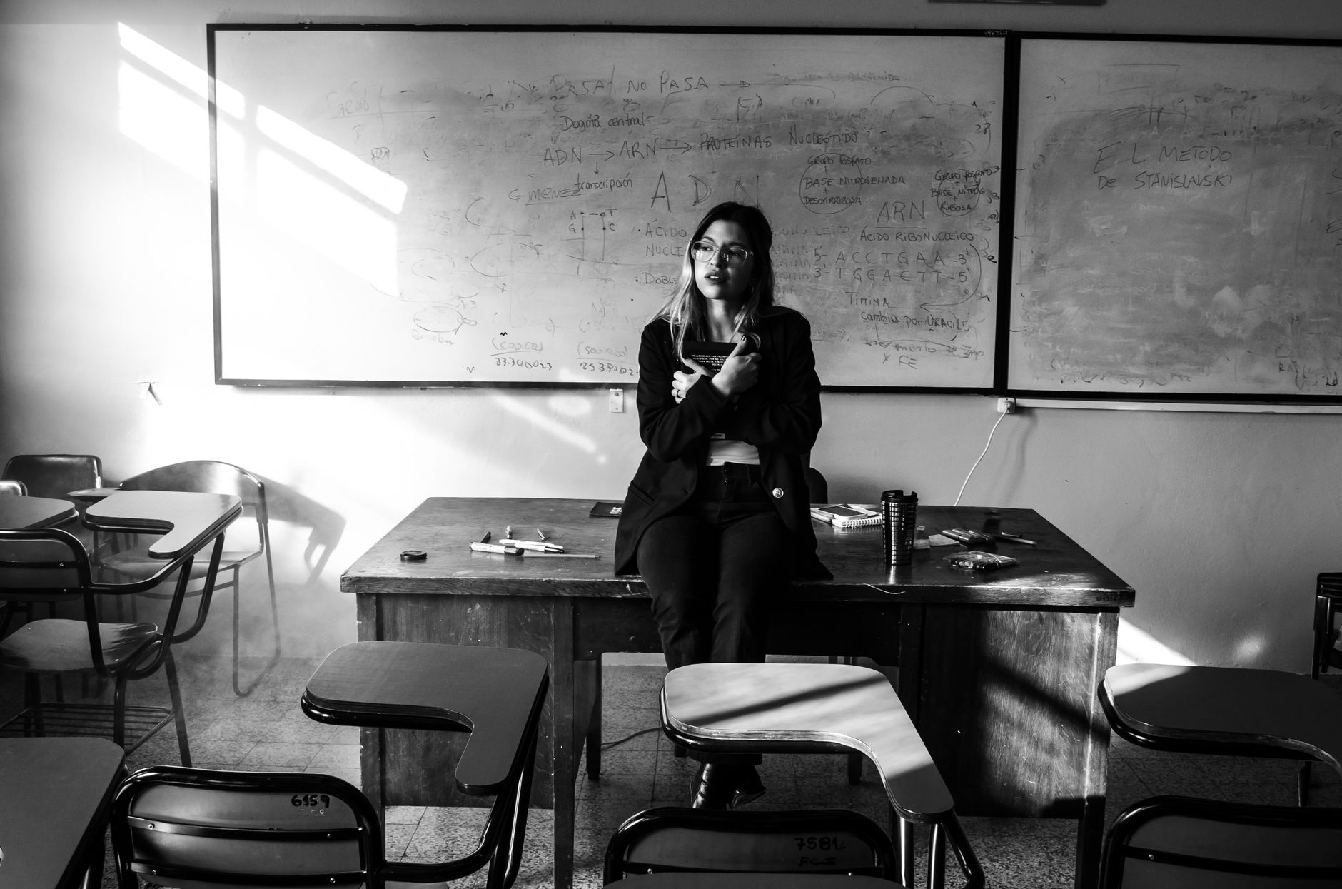 black and white university classroom scene in buenos aires